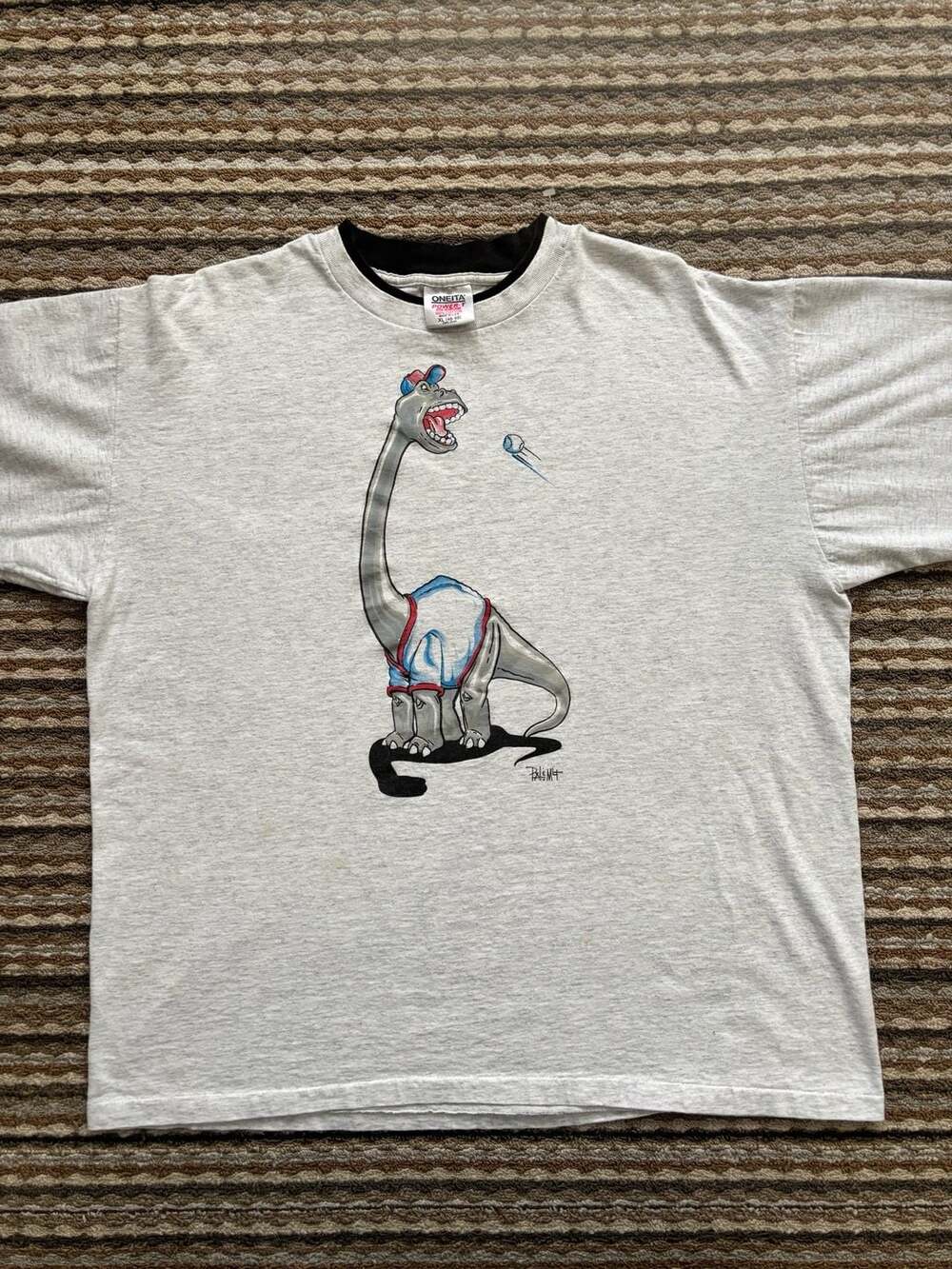 Vintage 90s Oneita Power-T Baseball Dinosaur Graphic T-Shirt